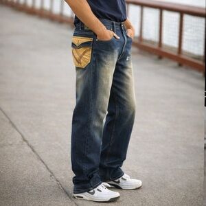 VTG NWT Bare Fox 90’s Leather Flap Pocket Fade Streetwear Straight Leg Jean (42)